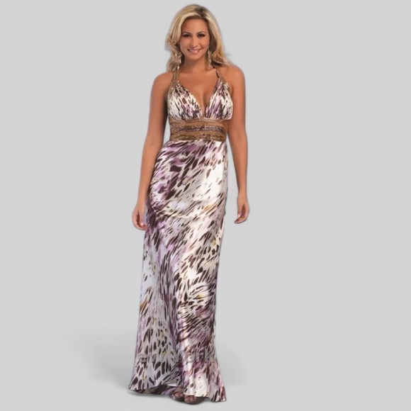 David’s Bridal Animal Print Beaded Maxi Formal Gown Purple Gold Size 4